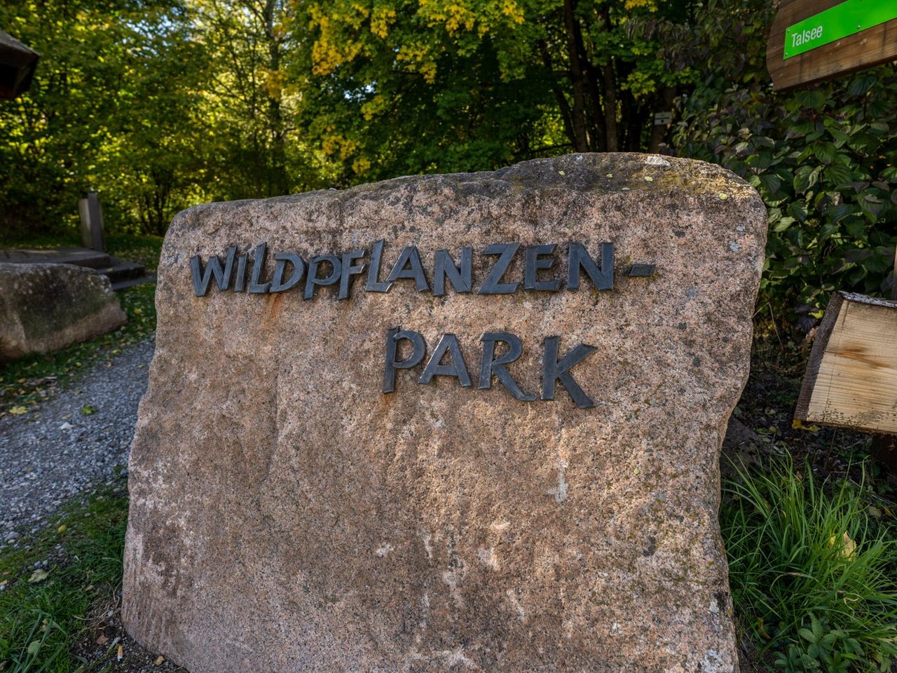 Stein mit Aufschrift Wildpflanzenpark im Hintergrund grün 
